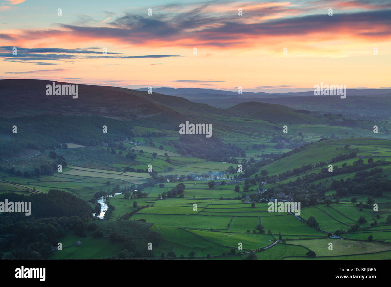 Twilight view over Wharfedale and Appletreewick as seen from Barden Fell in the Yorkshire Dales of England Stock Photo
