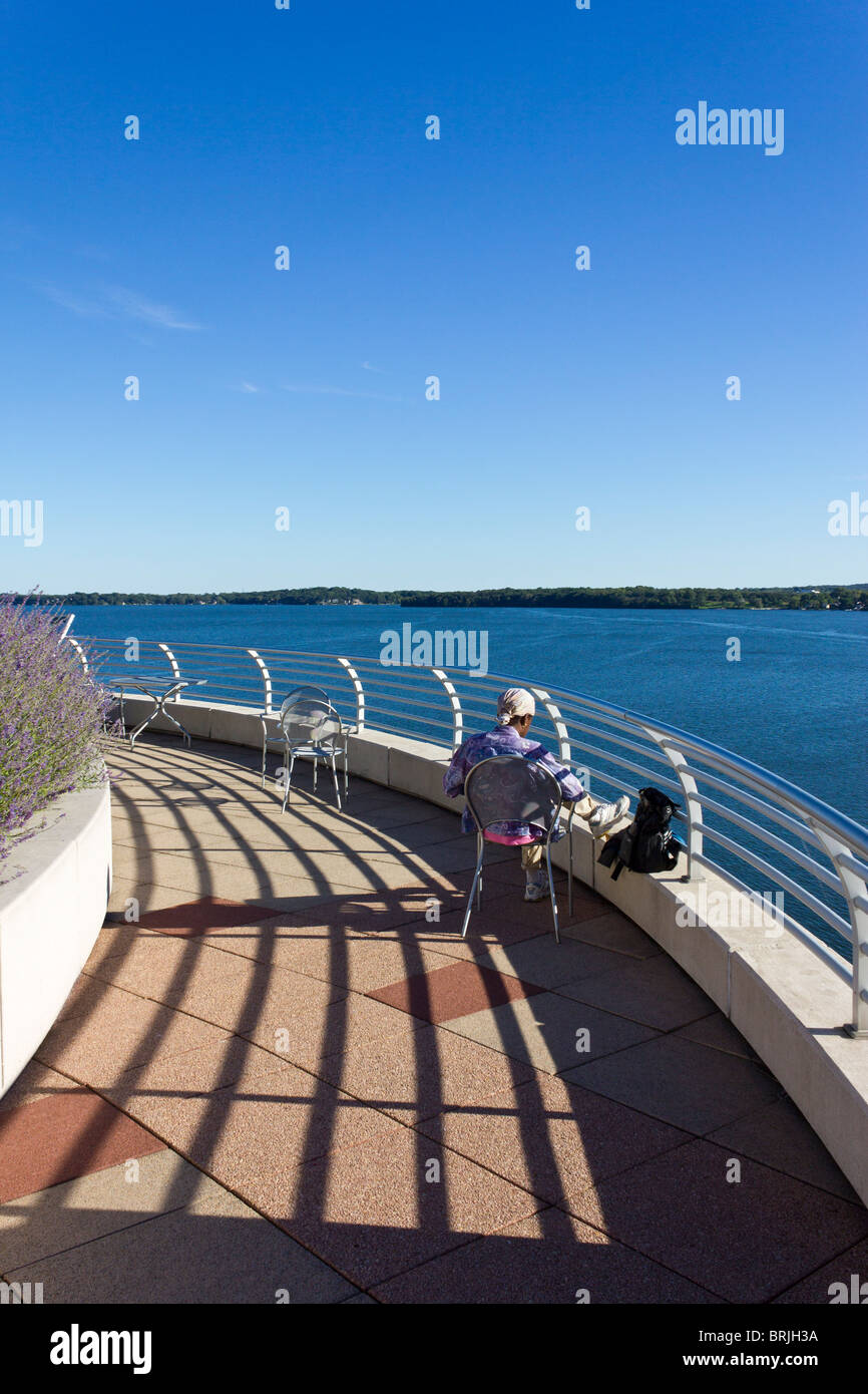 woman on roof terrace of the Monona Terrace Community and Convention Center, Madison, Wisconsin, USA Stock Photo