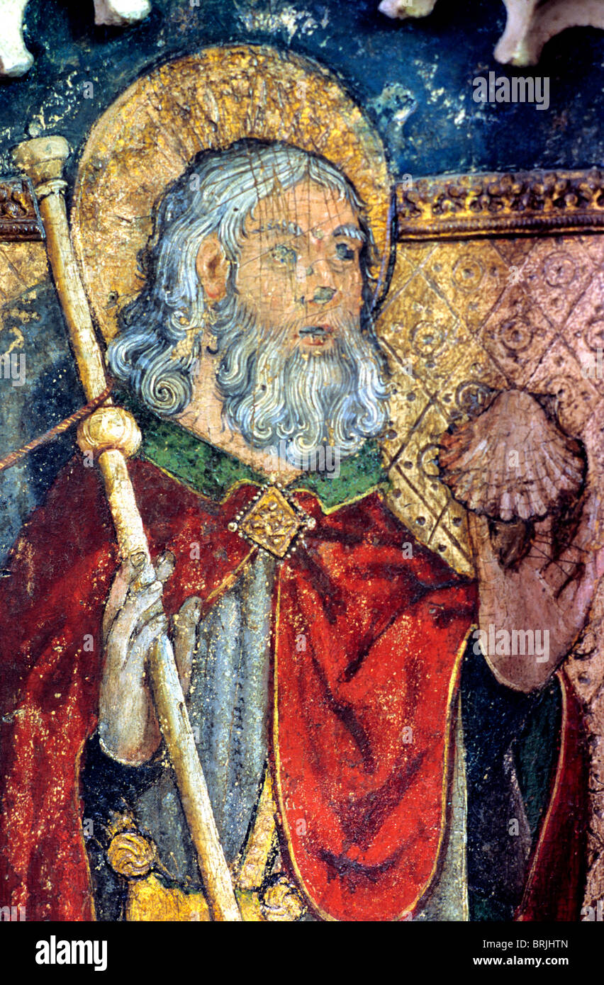 Worstead, Norfolk, Saint James, scallop shell detail of rood screen 1512 medieval painting paintings saints St. James England UK Stock Photo