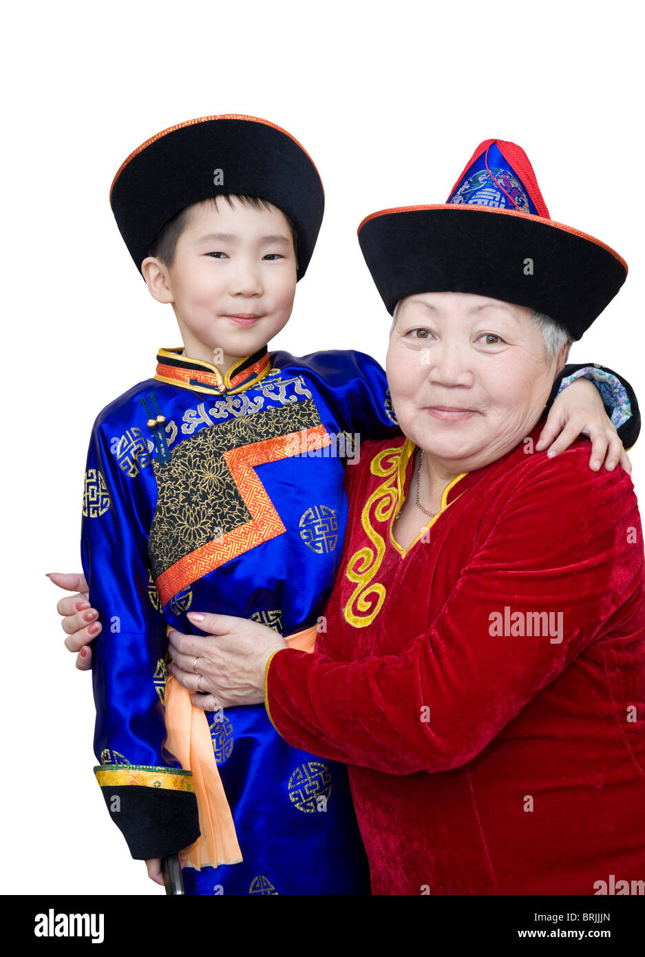 buryat (mongolian) grandmother and grandson, in national costumes Stock Photo