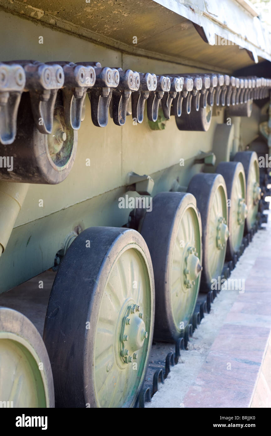 caterpillar of Russian infantry fighting vehicle, closeup shot, wheels in perspective Stock Photo