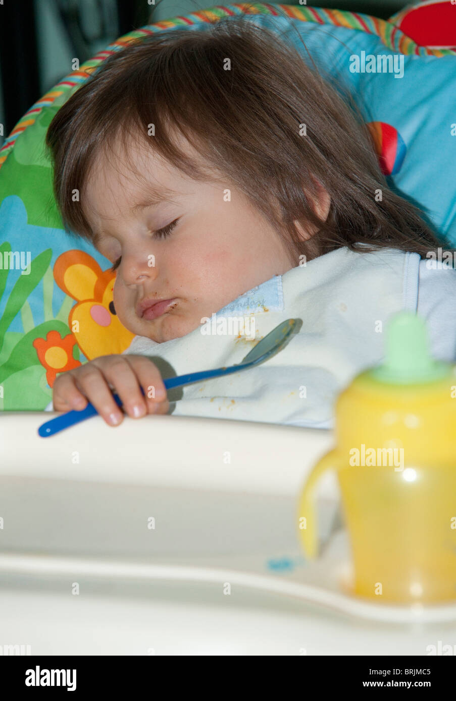 Baby Sleeping in High Chair Stock Photo Alamy