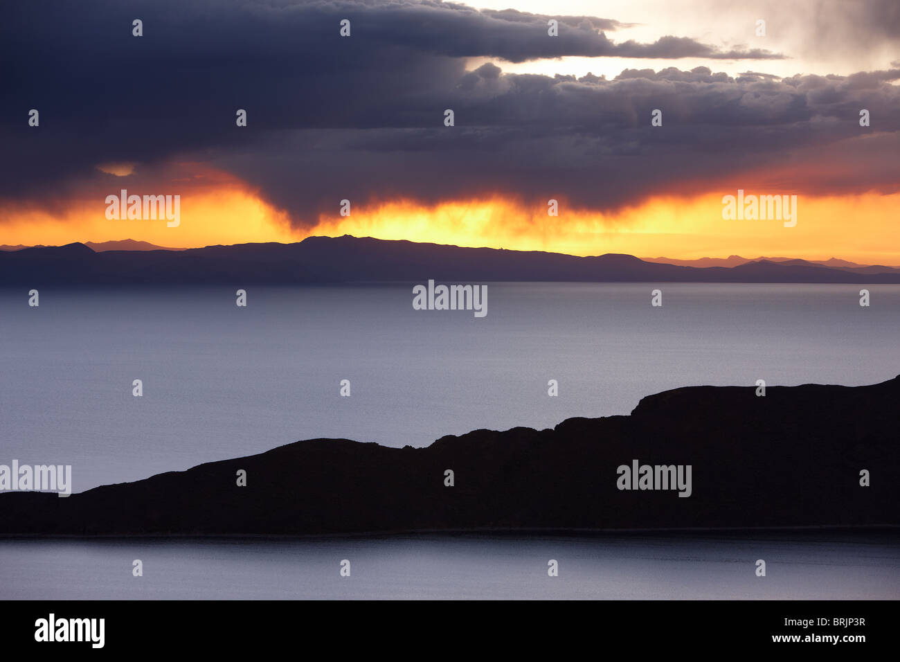 Lake Titicaca at dusk from the Isla del Sol, Bolivia Stock Photo