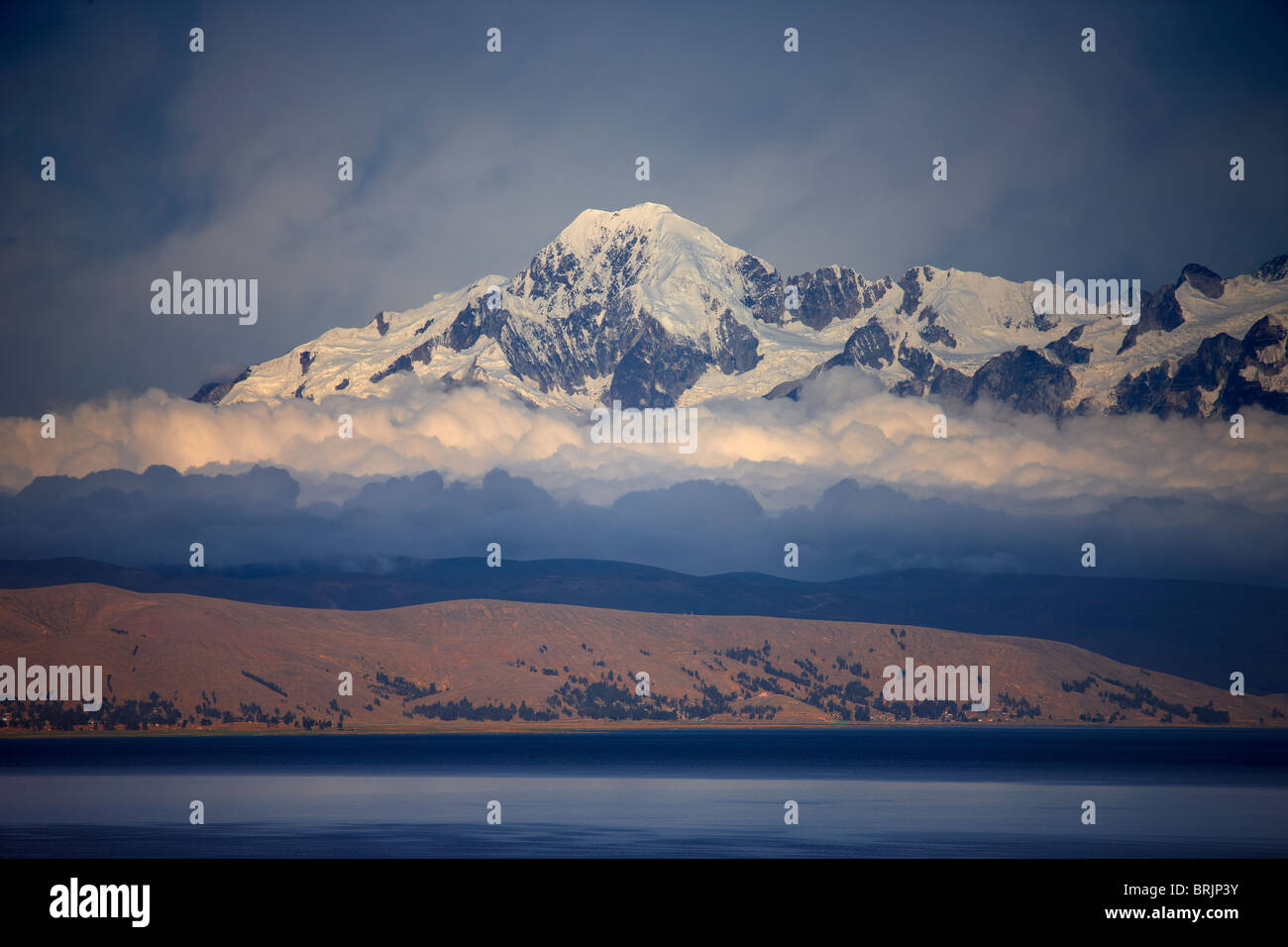 the Cordillera Real in the Andes from Lake Titicaca, Bolivia Stock Photo