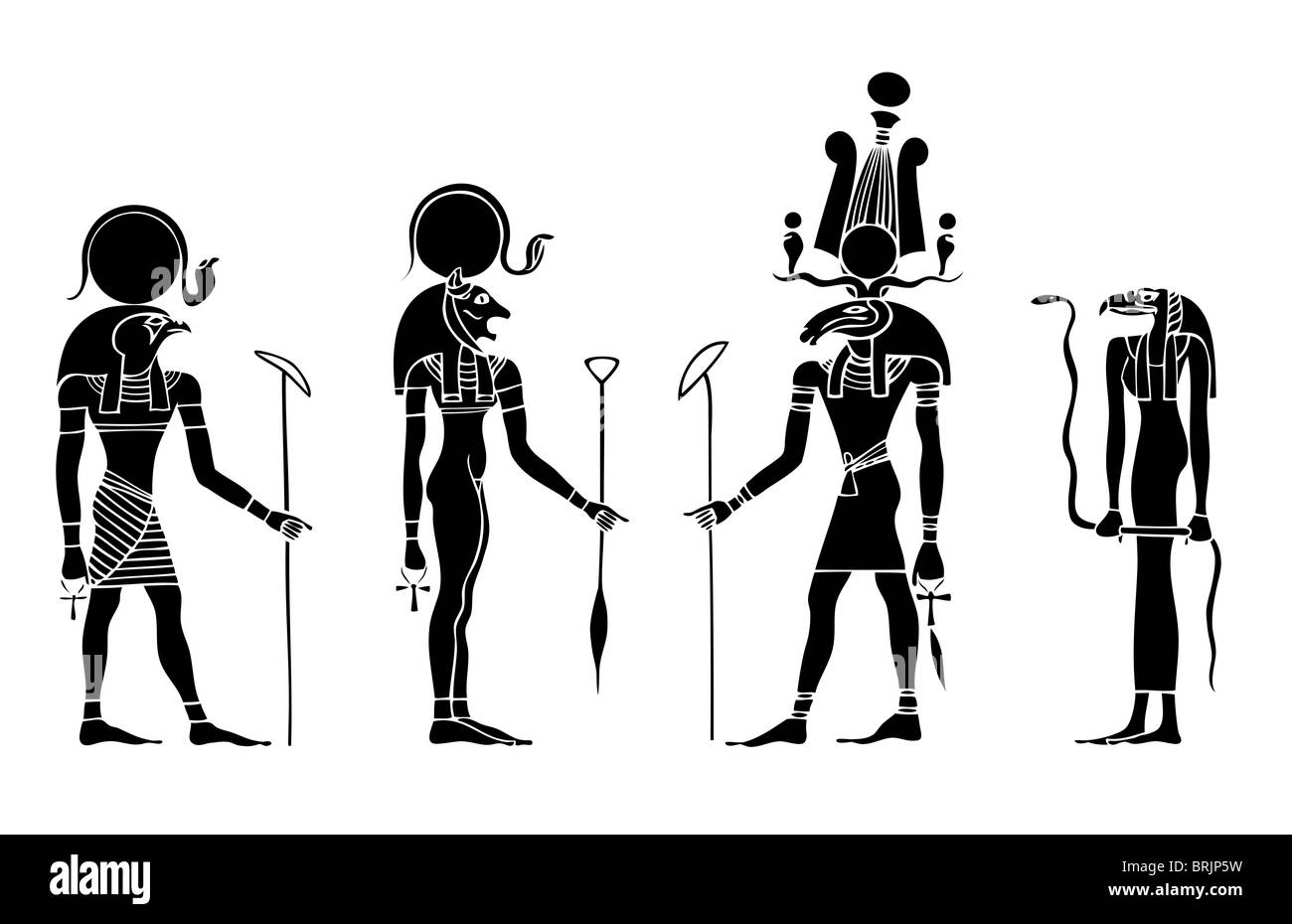 various gods of ancient Egypt - Ra, Bastet, Khensu and priestess of God Amon Stock Photo