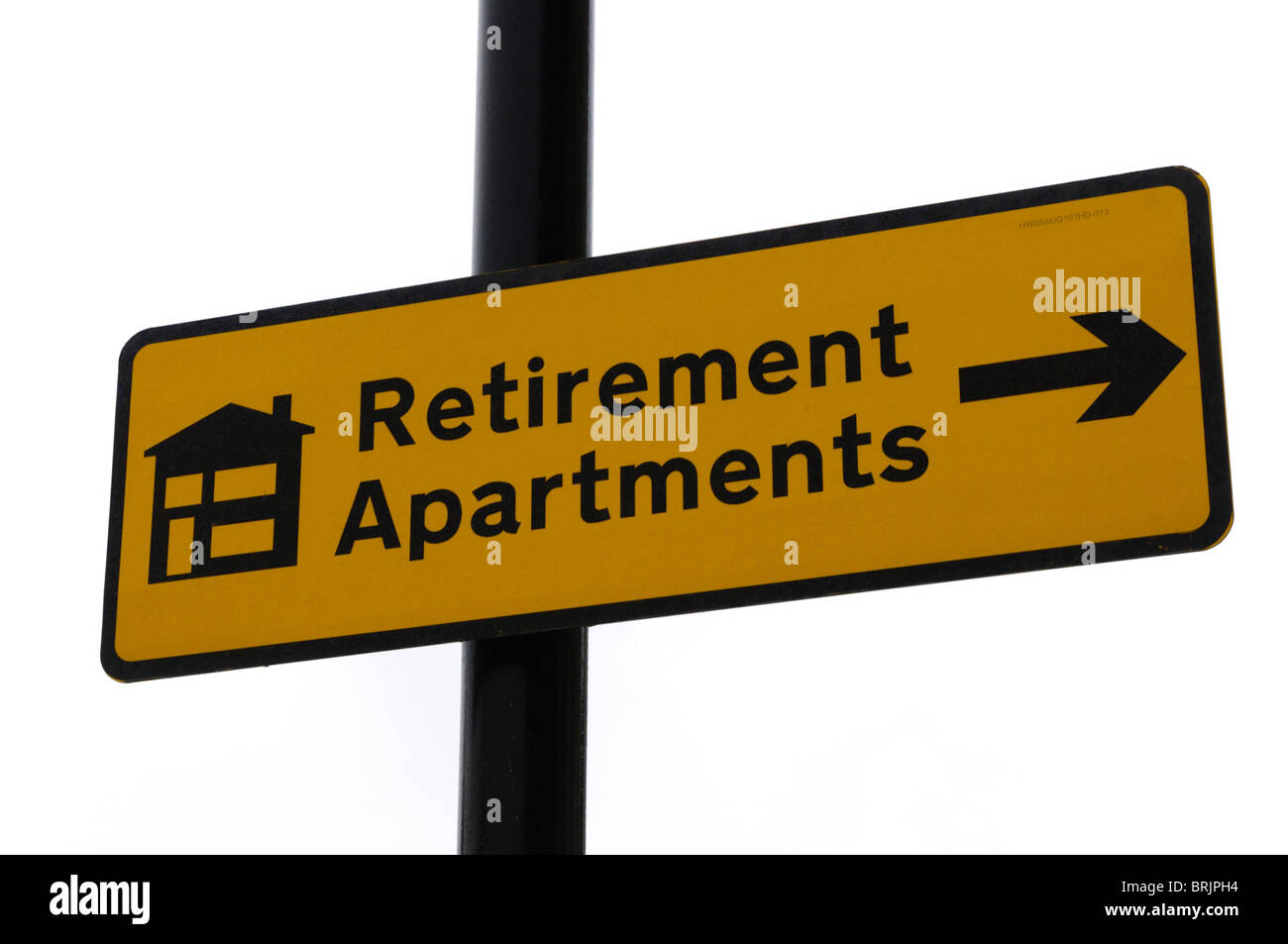 A sign pointing to new Retirement Apartments.  See Image Ref BYEGMK for left pointing arrow. Stock Photo