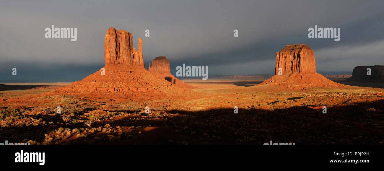 Panorama landscape with rock formations at Monument Valley Navajo Tribal Park, Arizona, USA. Stock Photo