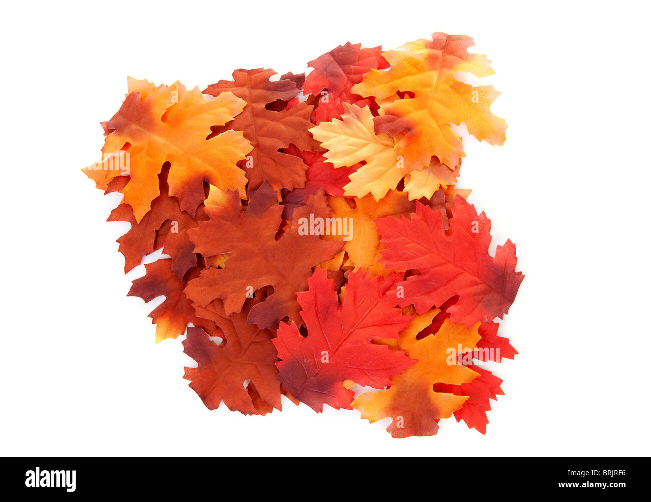 pile of silk colorful autumn leaves in closeup over white background Stock Photo