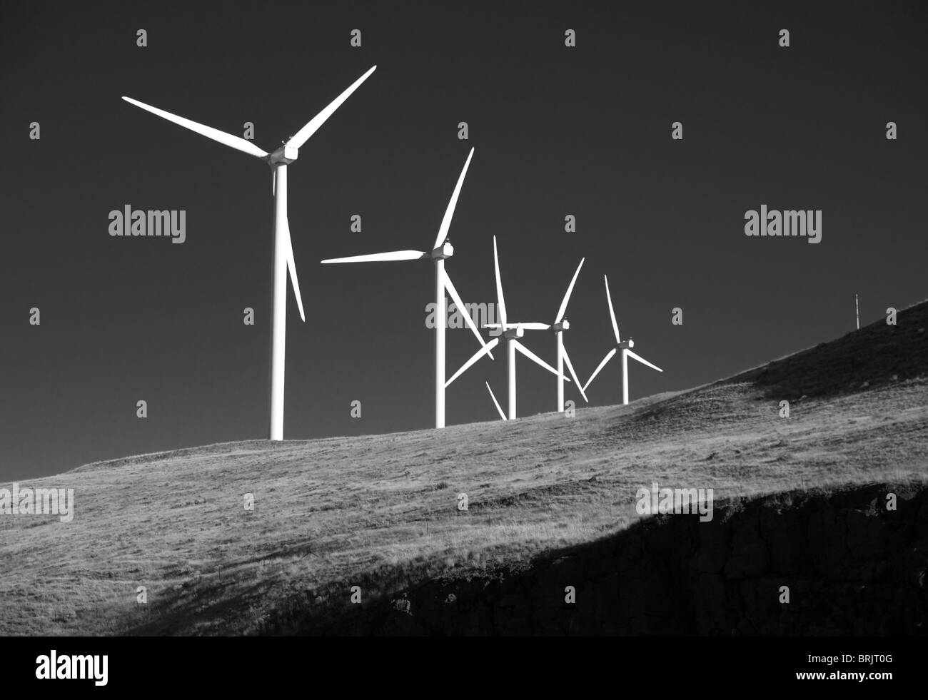 Alternative green energy rotary wind turbines on the hillside Stock Photo