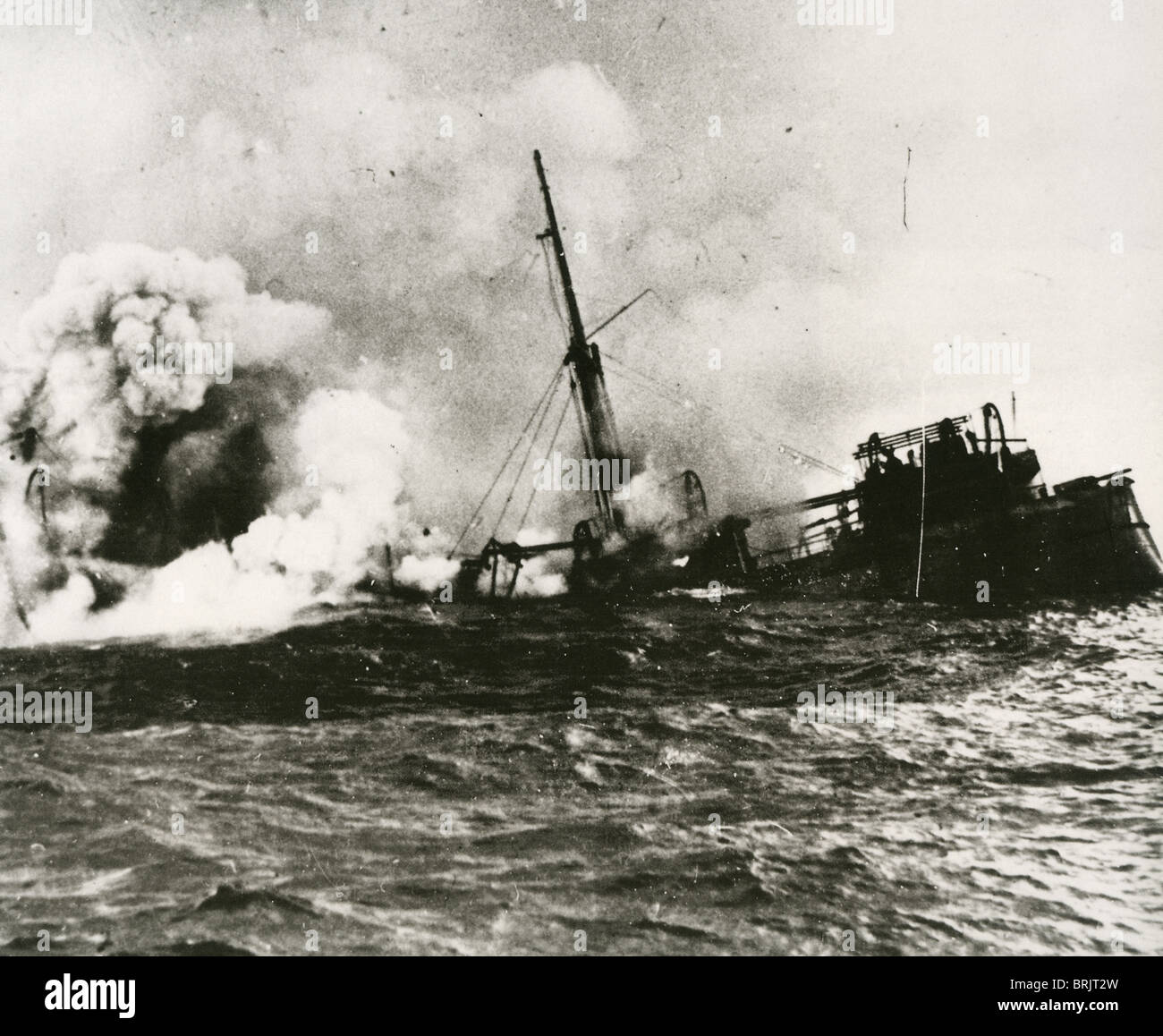 BATTLE OF THE ATLANTIC  Merchant ship torpedoed by a U-boat during the second world war Stock Photo