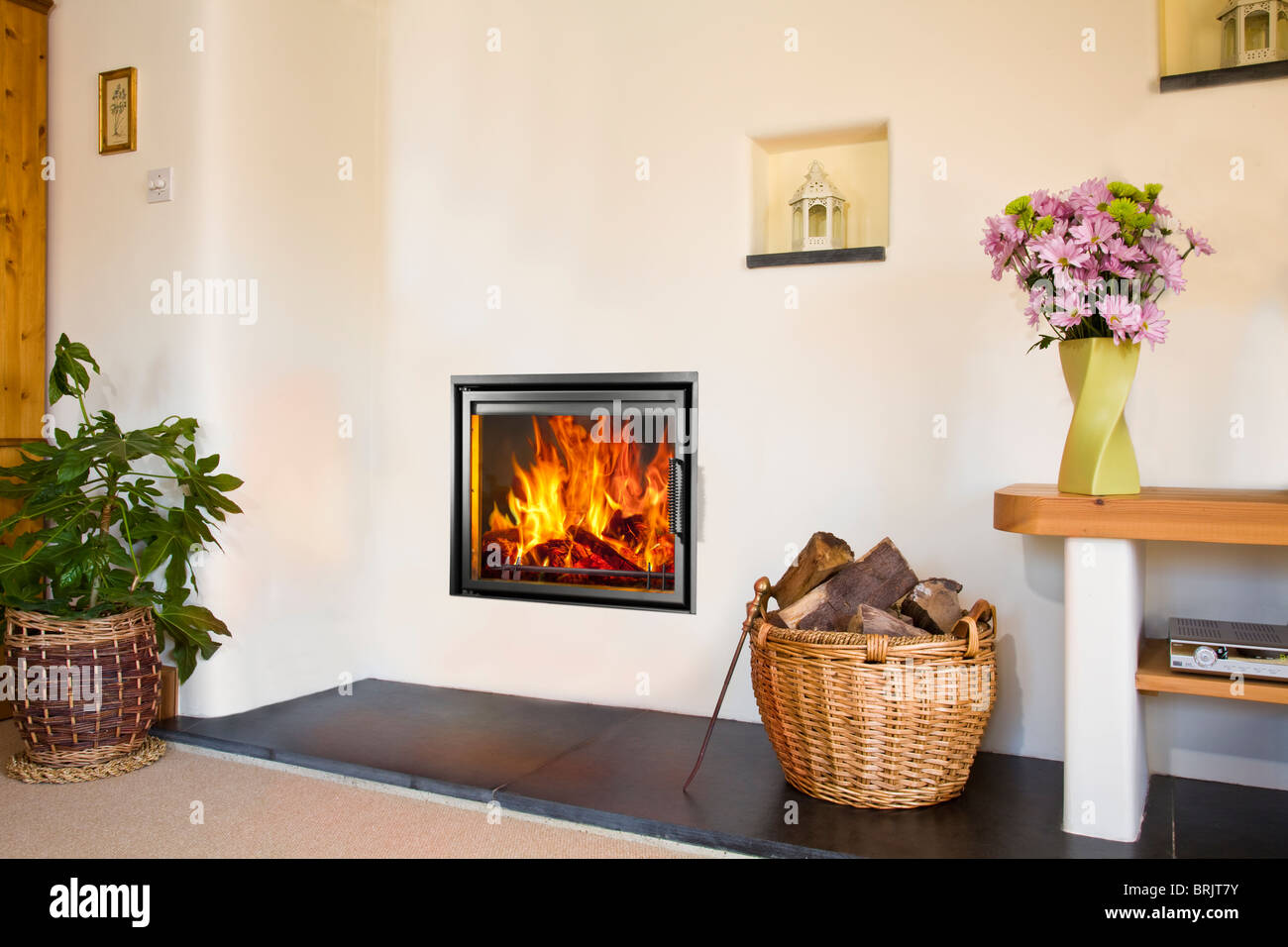 An Aquatherm F15 insert wood burning stove with log basket in a nice