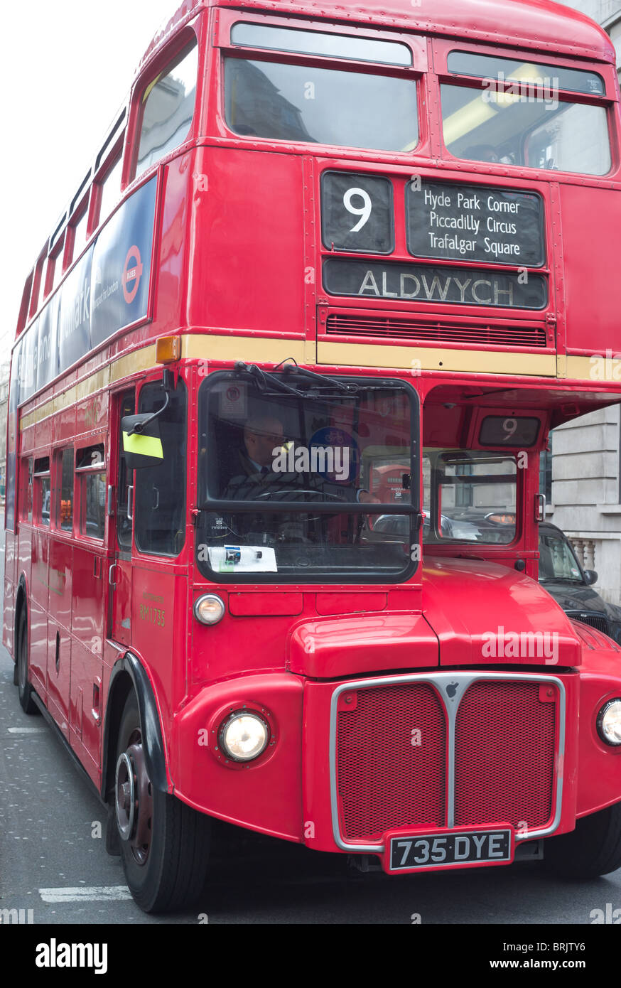 A Routemaster double decker bus operating on heritage route 9 between Royal Albert Hall and Aldwych, London, England, UK. Stock Photo