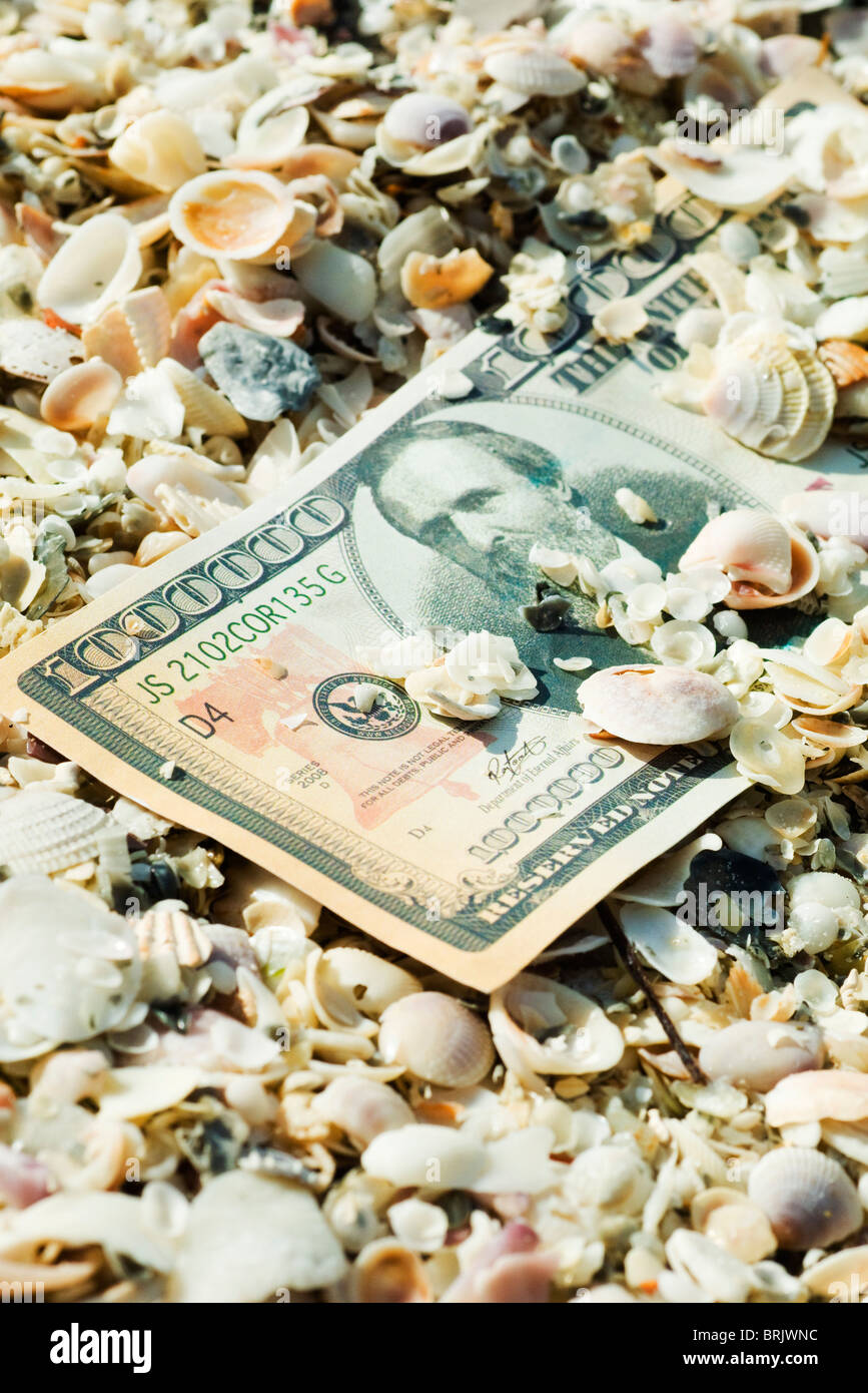 One-million dollar bill half buried in seashells Stock Photo
