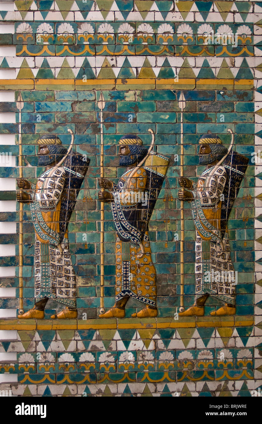 Detail of figures depicted on the Babylonian Gate of Ishtar, reconstructed in the Pergamon Museum. Berlin, Germany Stock Photo