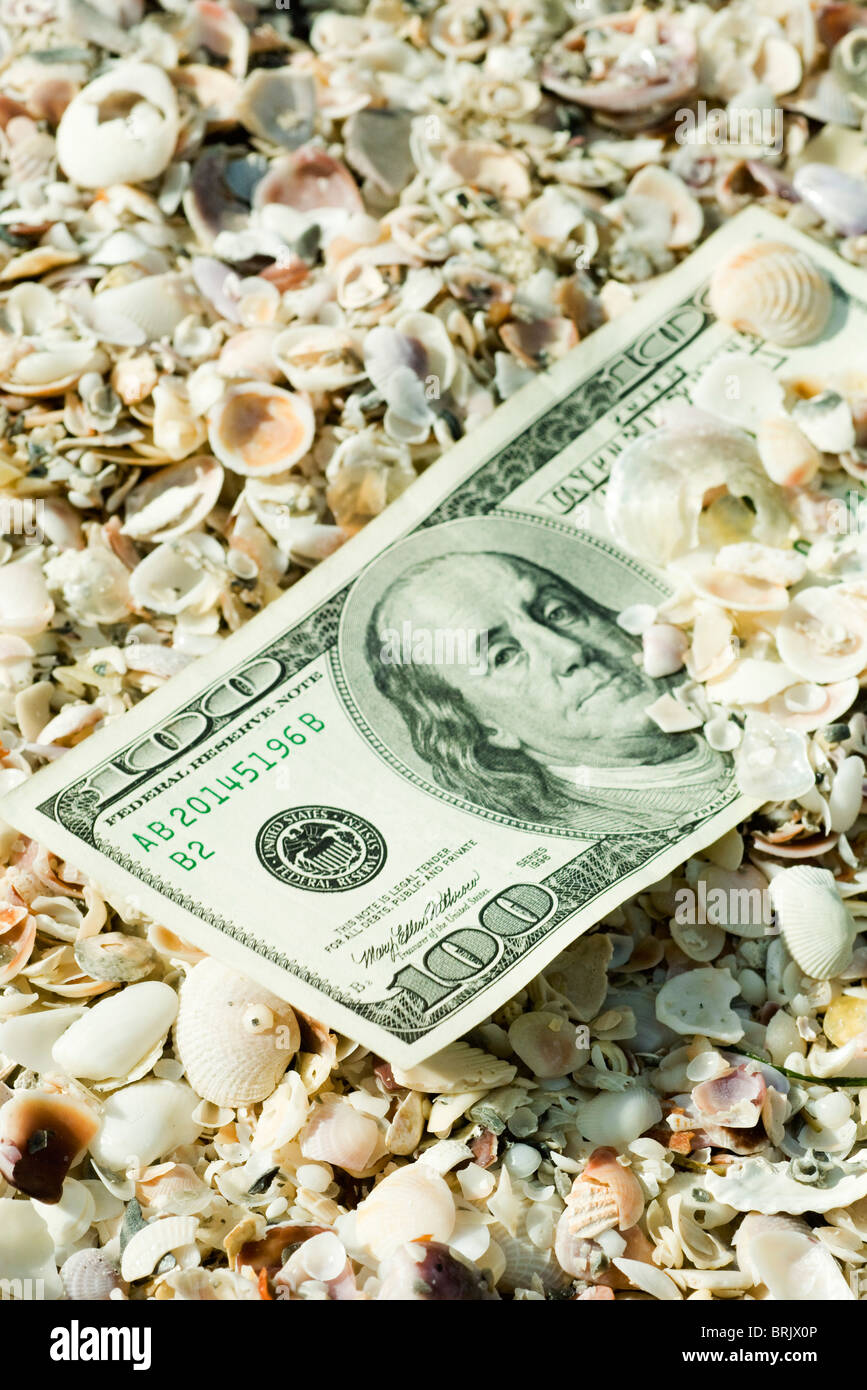 One-hundred dollar bill half buried in seashells Stock Photo