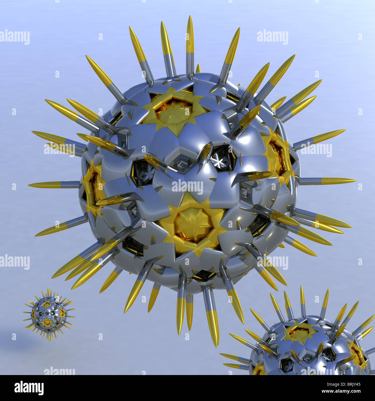 Close-up of metallic, shiny objects hovering over a blue, mildly reflecting surface, resembling viruses with golden spikes Stock Photo