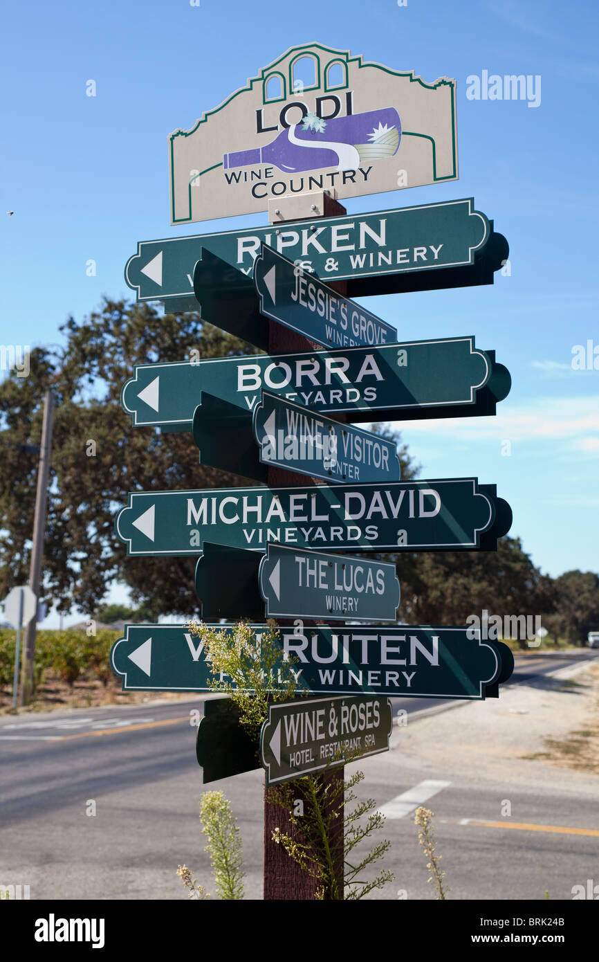 A sign post at an intersection for wine tasters in Lodi California Stock Photo