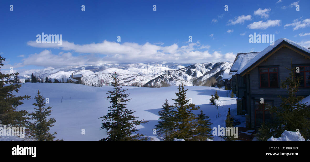 Panorama rolling hills, conifers and large homes, Cordillera