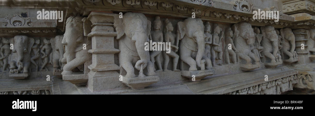 Elephant sculptures on base of Varaha Temple, Khajuraho in India, Asia  Stock Photo