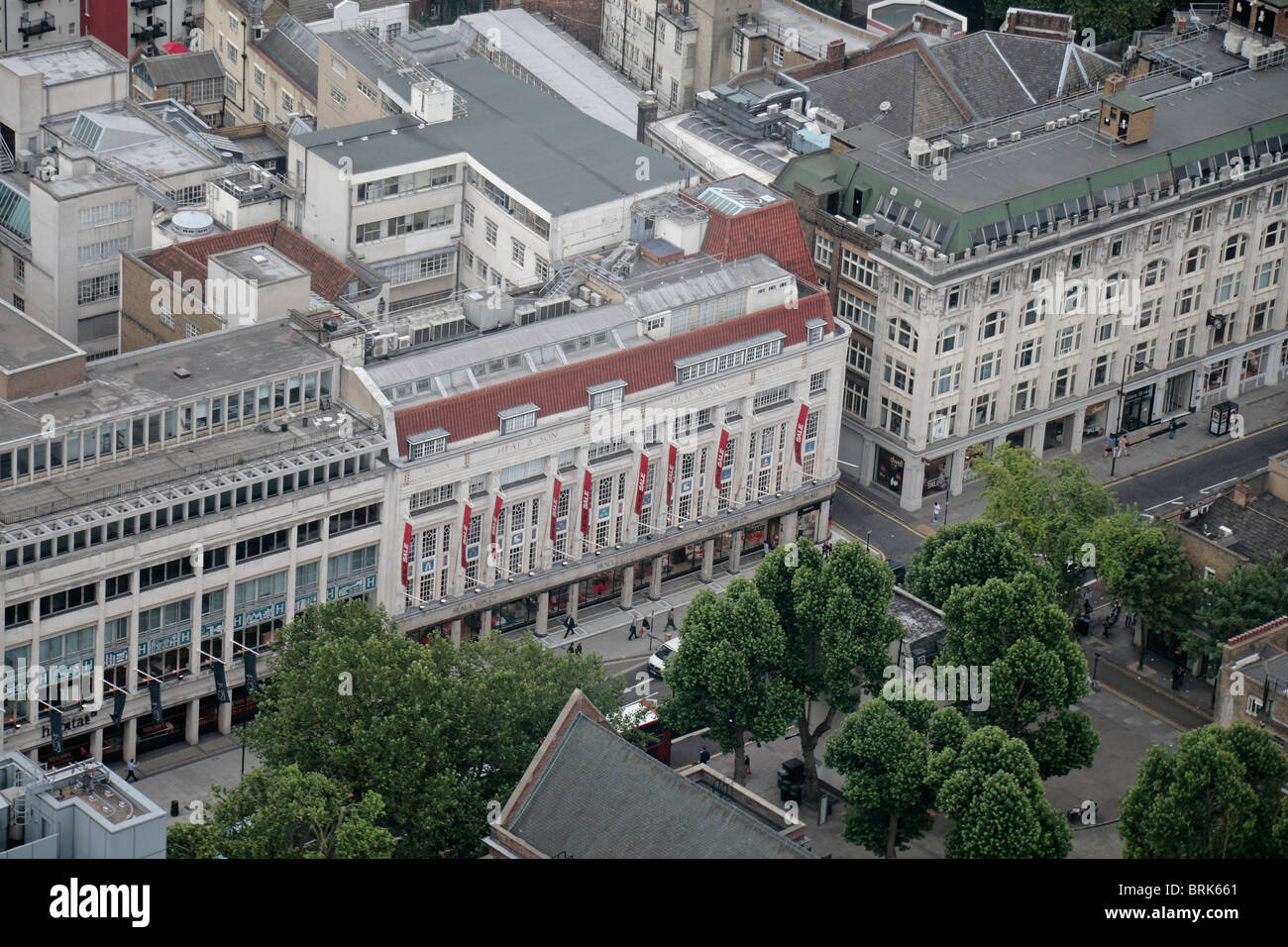 Aerial view of the Habitat , Heal & Sons (Heals) & Pier stores on Tottenham Court Road, in central London, UK. Stock Photo