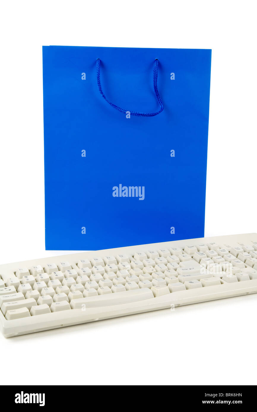 Blue Shopping Bag and Computer Keyboard, Online shopping Stock Photo