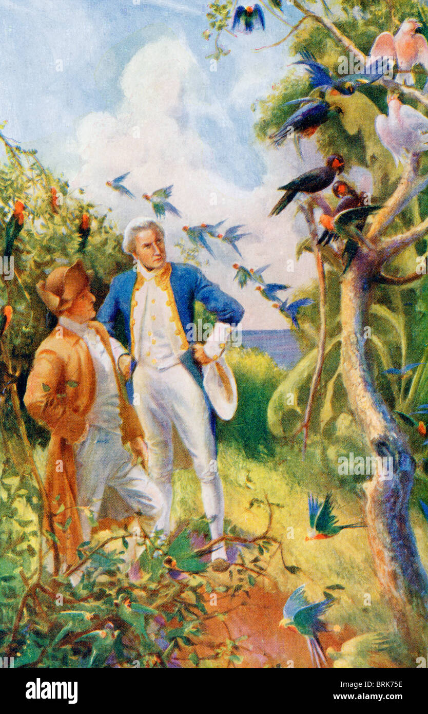 Captain James Cook and botanist Joseph Banks examining the wild life and flora in Botany Bay, Australia. Captain James Cook,1728 -1779.  British explorer, navigator, cartographer, and captain in the Royal Navy.  Sir Joseph Banks, 1st Baronet, 1743 – 1820.  English naturalist, botanist and patron of the natural sciences. Stock Photo