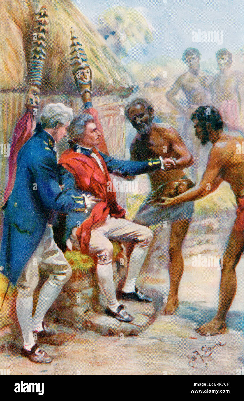 Captain James Cook received by the natives of Hawaii.  Captain James Cook,1728 - 1779. British explorer, navigator, cartographer, and captain in the Royal Navy. Stock Photo