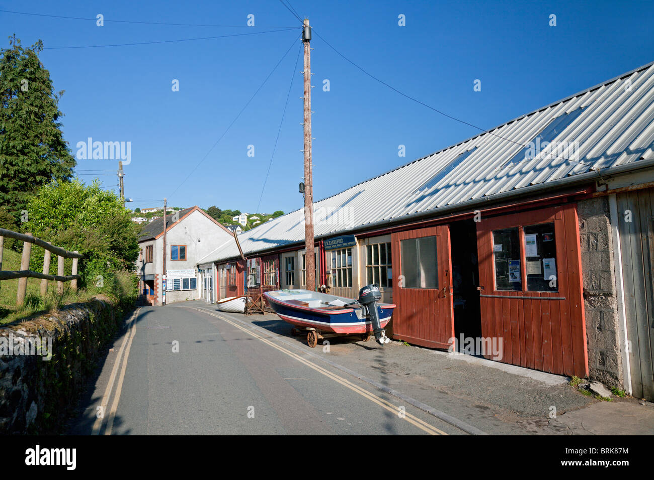 Island Street with Marine Workshops, Salcombe, South Hams, Devon, England, UK Stock Photo