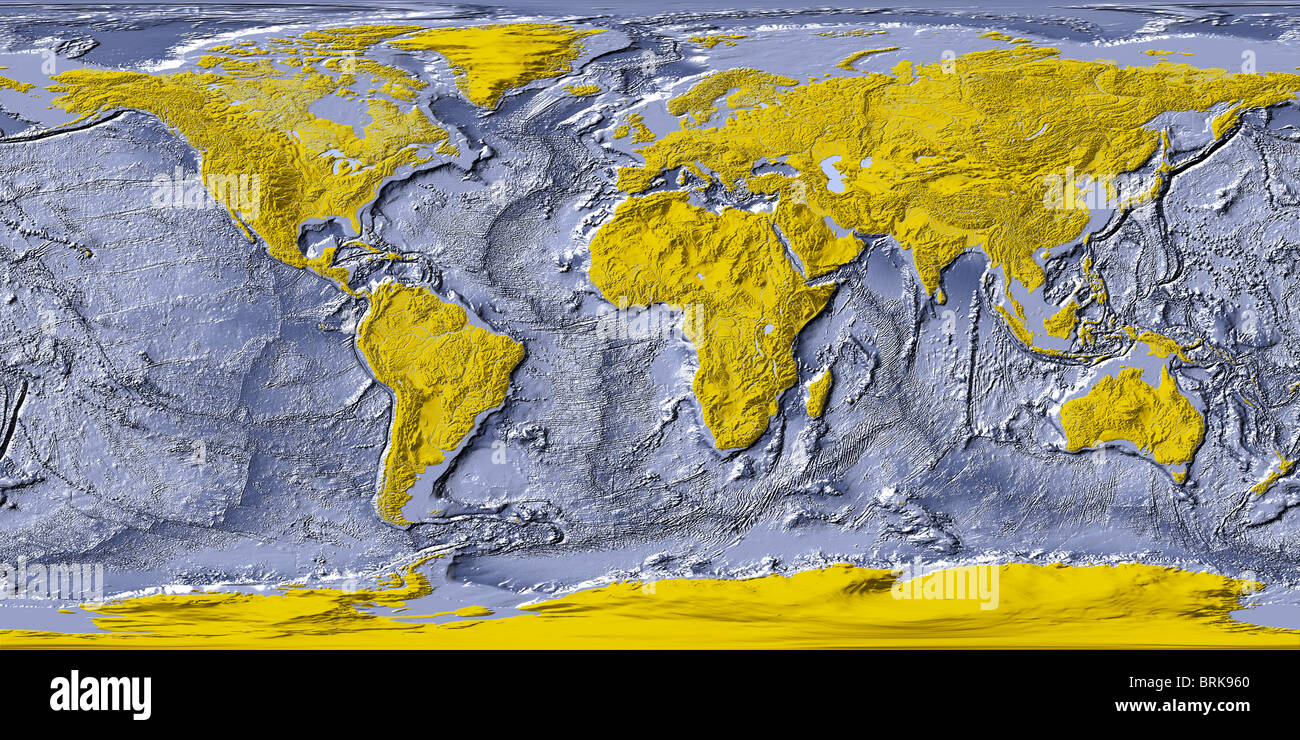 World map, shaded relief with shaded ocean floor.  Land areas colored in yellow. Stock Photo