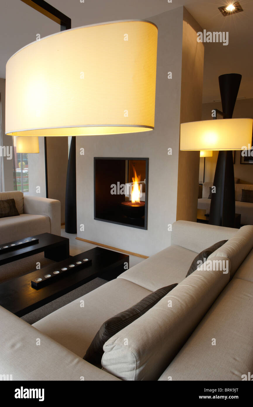 Living room with modern interior design and fireplace Stock Photo