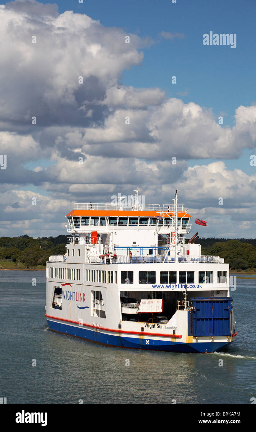 Wightlink ferry Wight Sun leaving Yarmouth on the Isle of Wight across the Solent to the mainland Lymington, Hampshire UK in September - car ferry Stock Photo