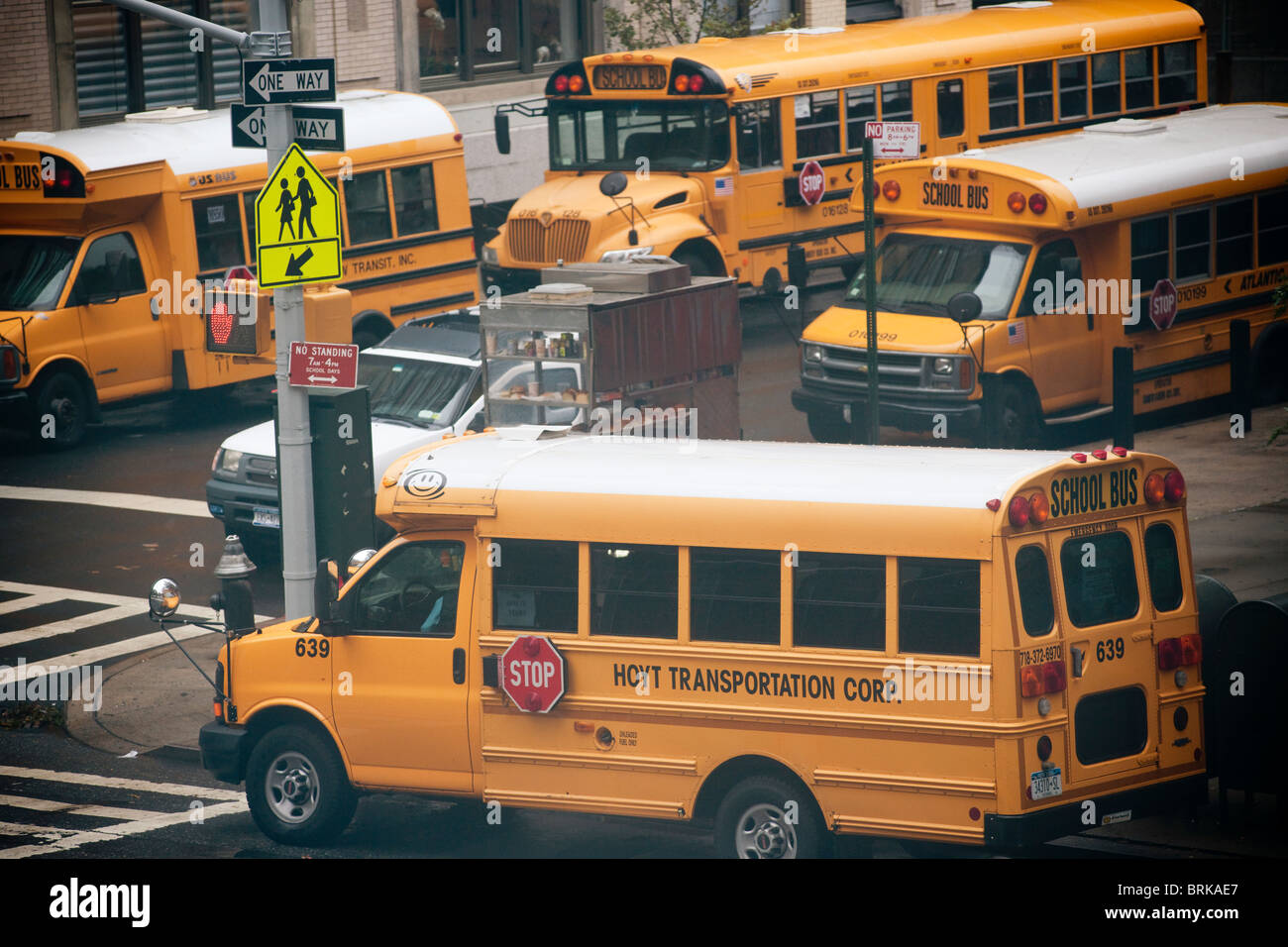 School buses parked in the New York neighborhood of Chelsea on Friday