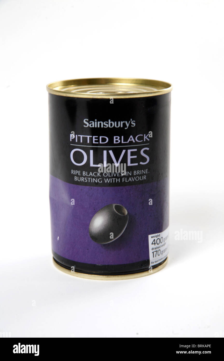 A tin of Sainsbury's pitted black olives in brine with label Stock