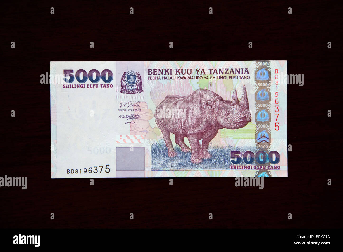 Zanzibar, Tanzania. Tanzanian Banknote. 5000 Shillings, Rhinoceros on front, 2003 series. Stock Photo
