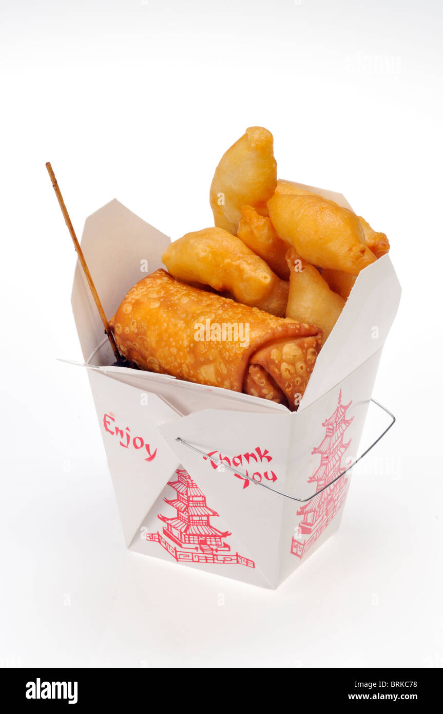 Open carton of take out chinese food with chicken fingers and egg roll on white background Stock Photo