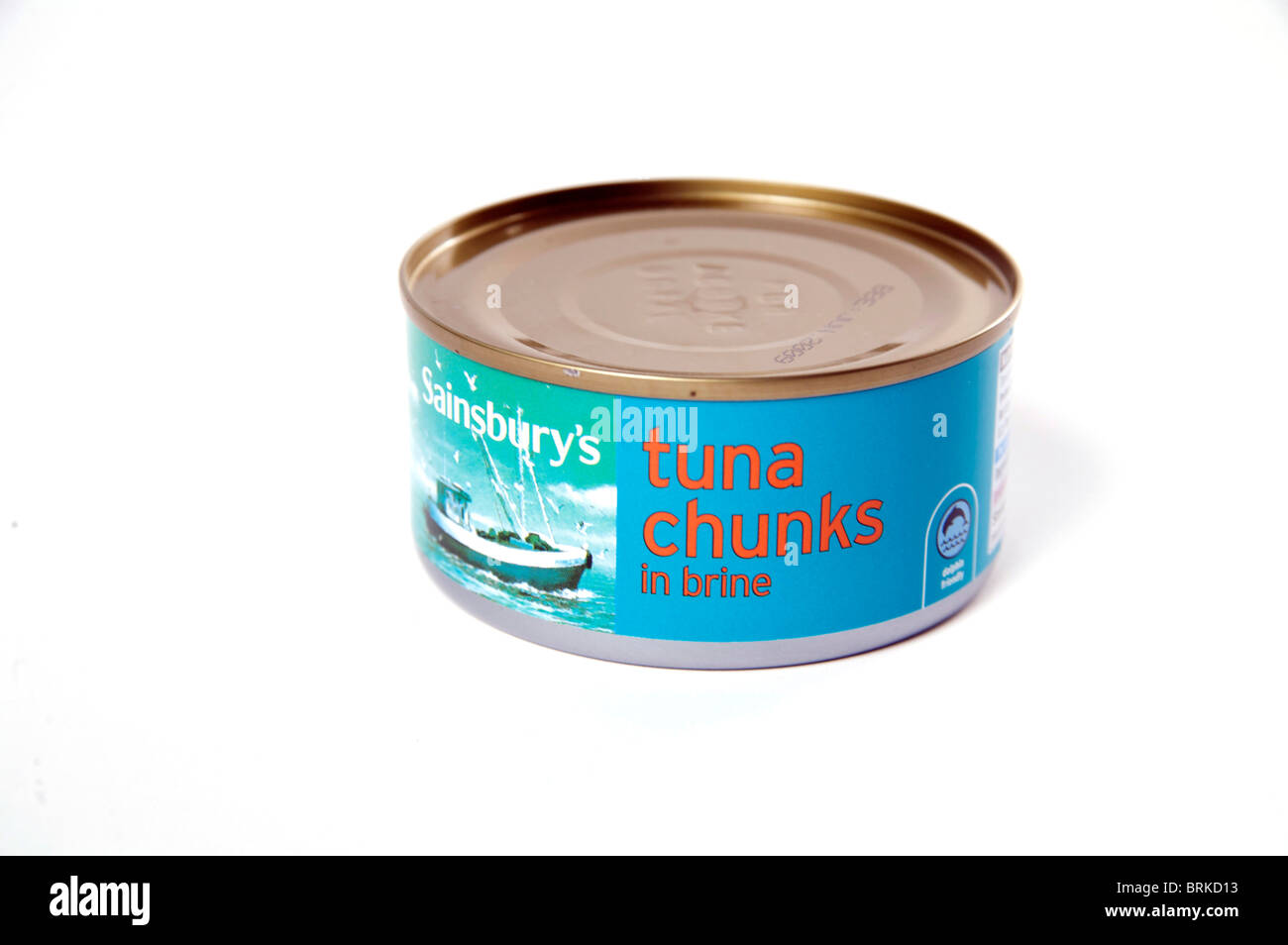 A tin of Sainsbury's tuna chunks in brine with label. Stock Photo