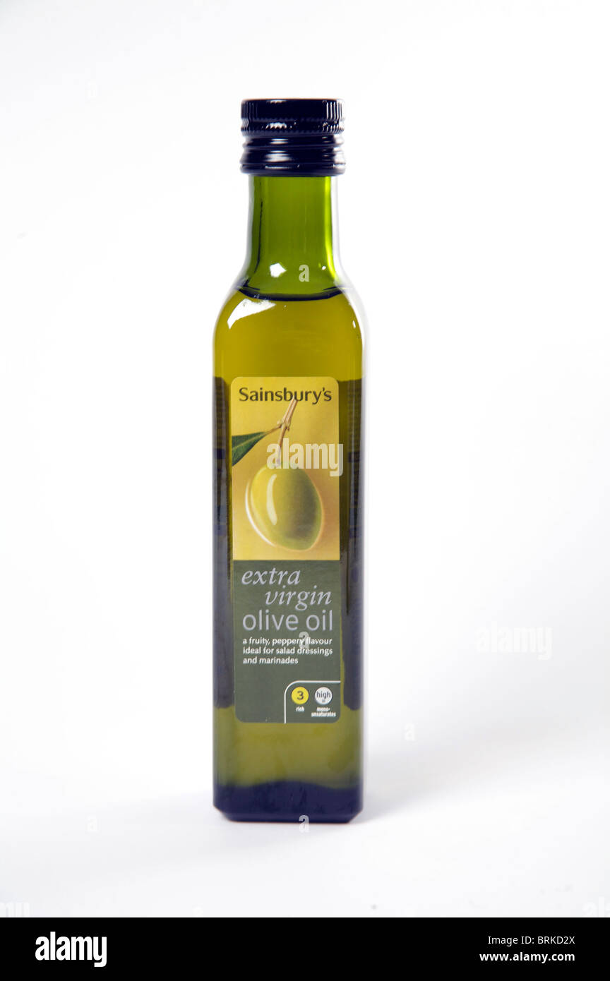 A green bottle of Sainsbury's extra virgin olive oil with label Stock