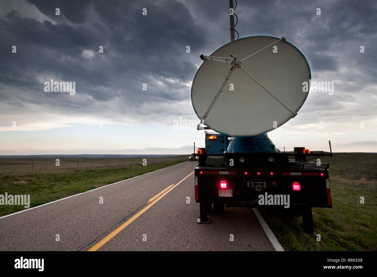 A Doppler on Wheels truck scans a supercellular thunderstorm in rural Wyoming, May 21, 2010. Stock Photo
