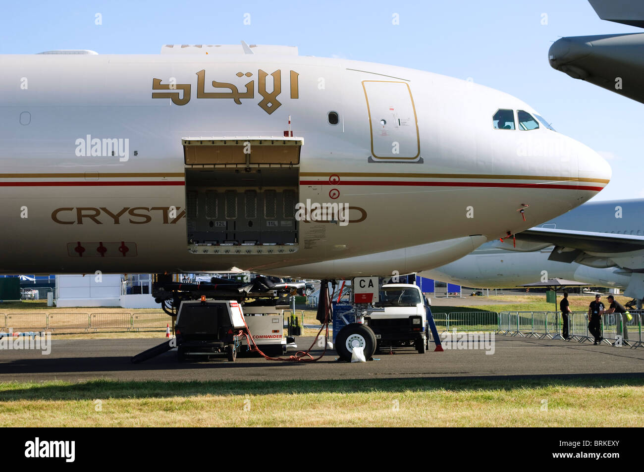 Airbus A330-243F operated by Etihad Crystal Cargo at Farnborough Airshow, UK. Stock Photo
