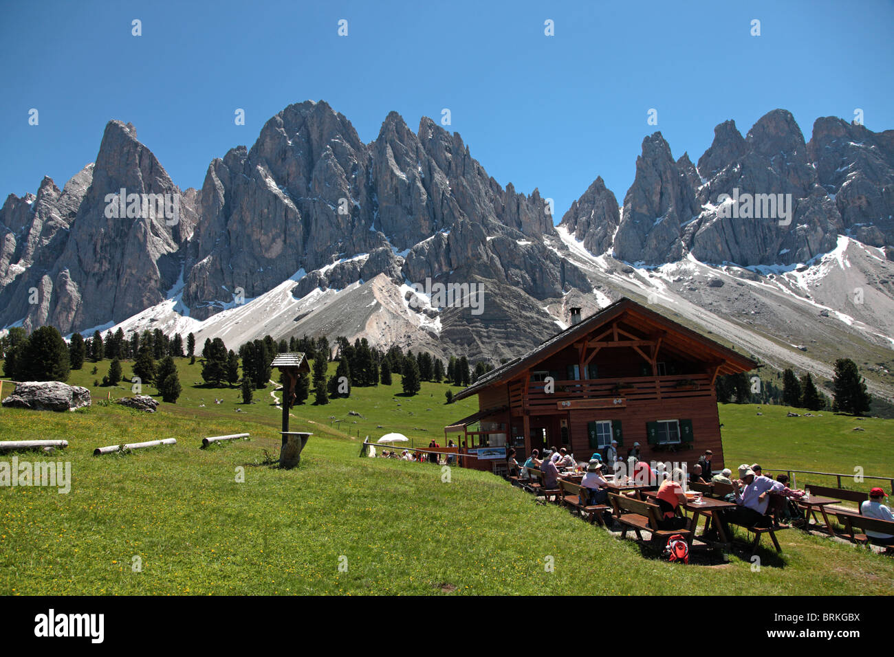 Gschnagenhardt Hut at foot of Geisler Group of the Dolomites, South Tirol, Italy Stock Photo