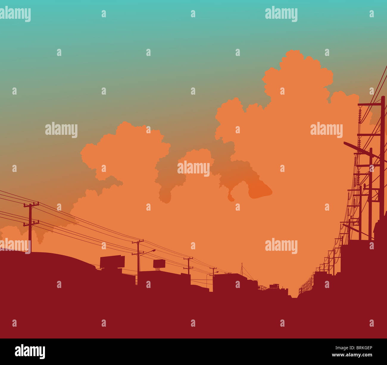 Illustration of clouds over a city with copy-space Stock Photo - Alamy