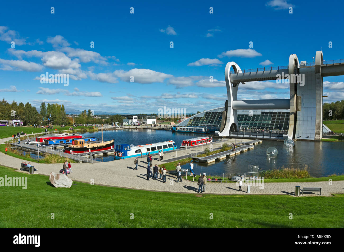 View of the Falkirk Wheel basin canal boats moored Stock Photo