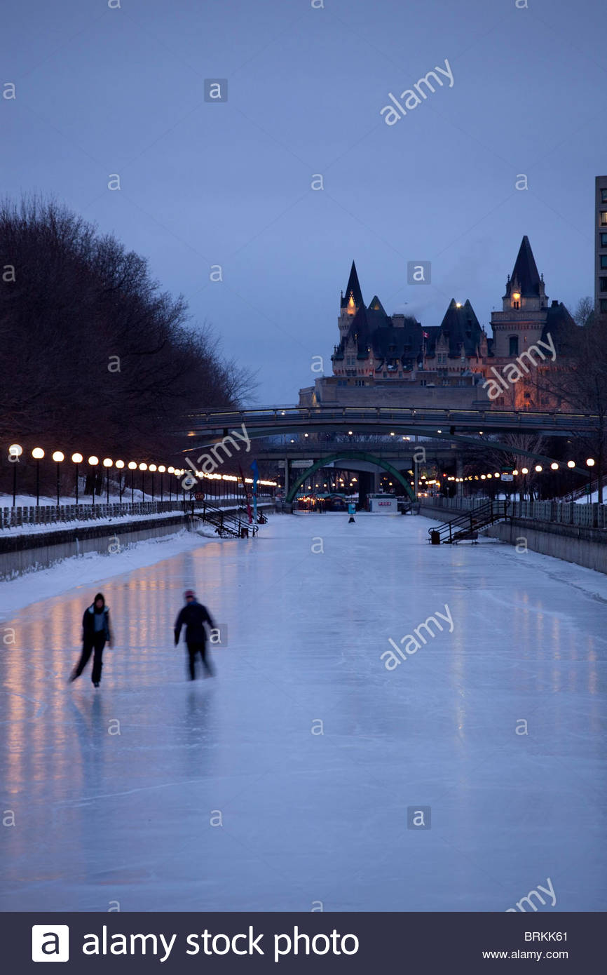 Early morning skaters enjoy the historic Rideau canal in Ottawa. Stock Photo