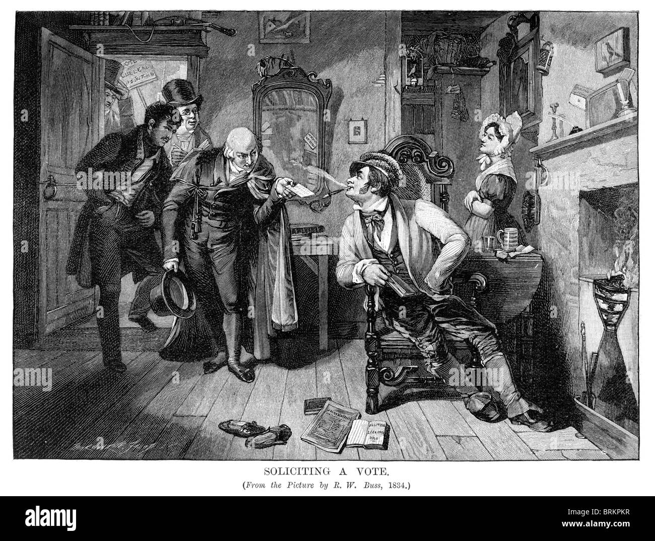 Vintage engraving showing an election candidate soliciting a vote in 1834 Stock Photo