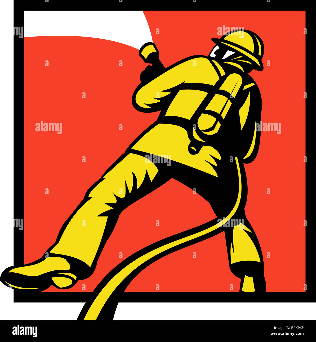 illustration of a Fireman or firefighter with fire hose fighting fire done in retro style Stock Photo