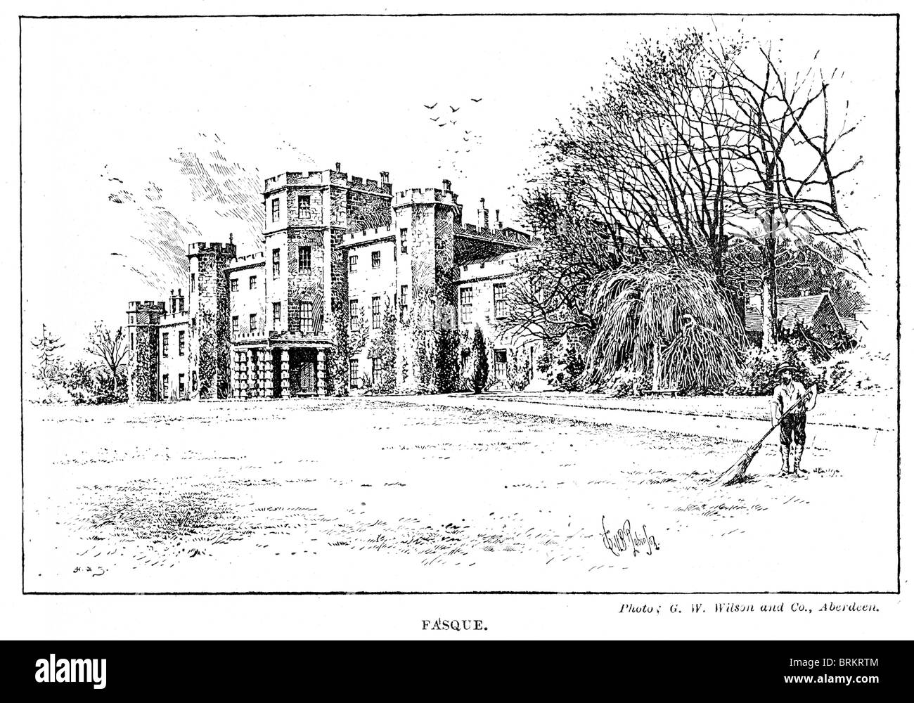 Vintage engraving of Fasque House a mansion in Aberdeenshire, Scotland. . It was purchased in 1829 by Sir John Gladstone. Stock Photo