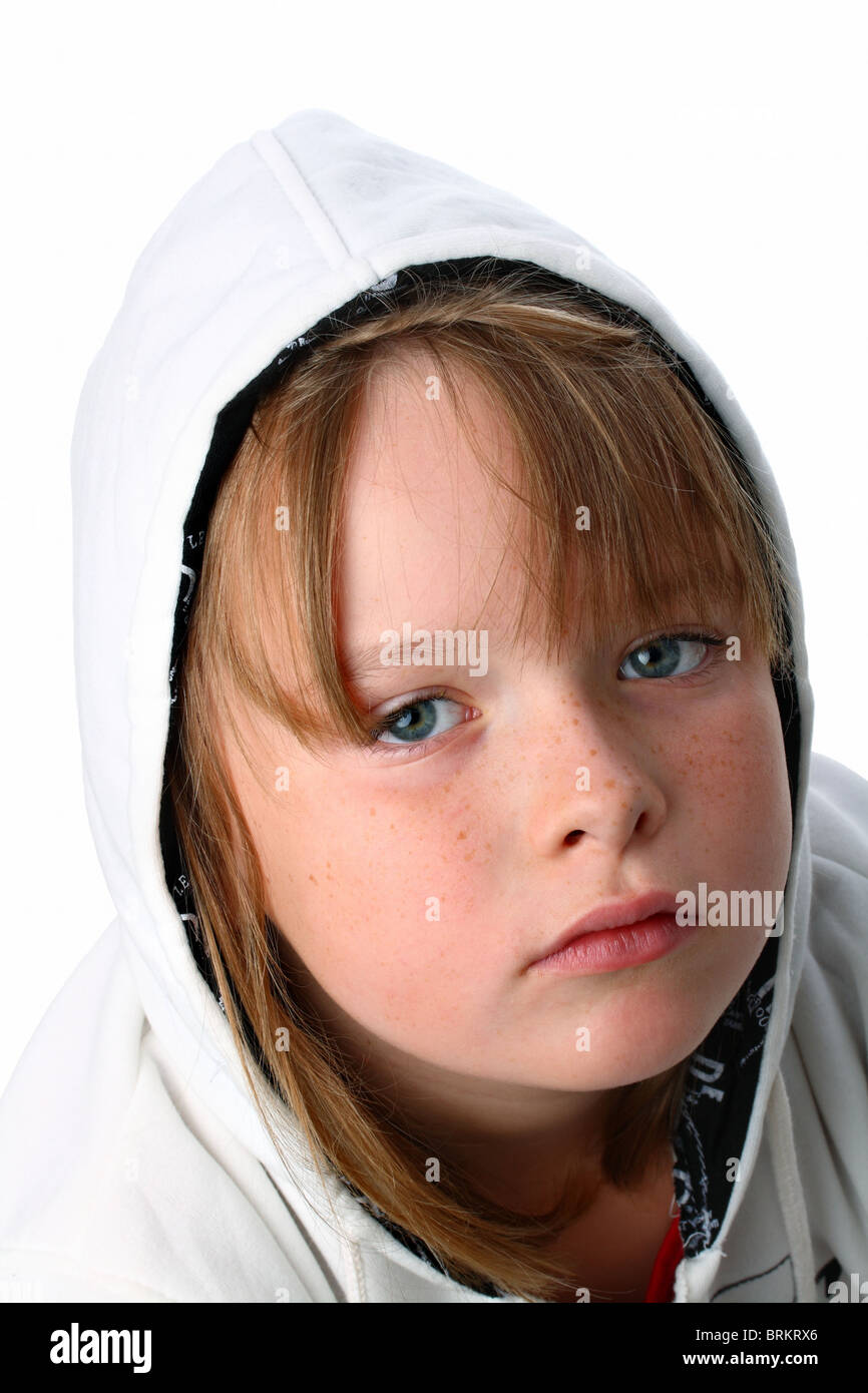 Tired small girl with long hair in white hood isolated on white Stock