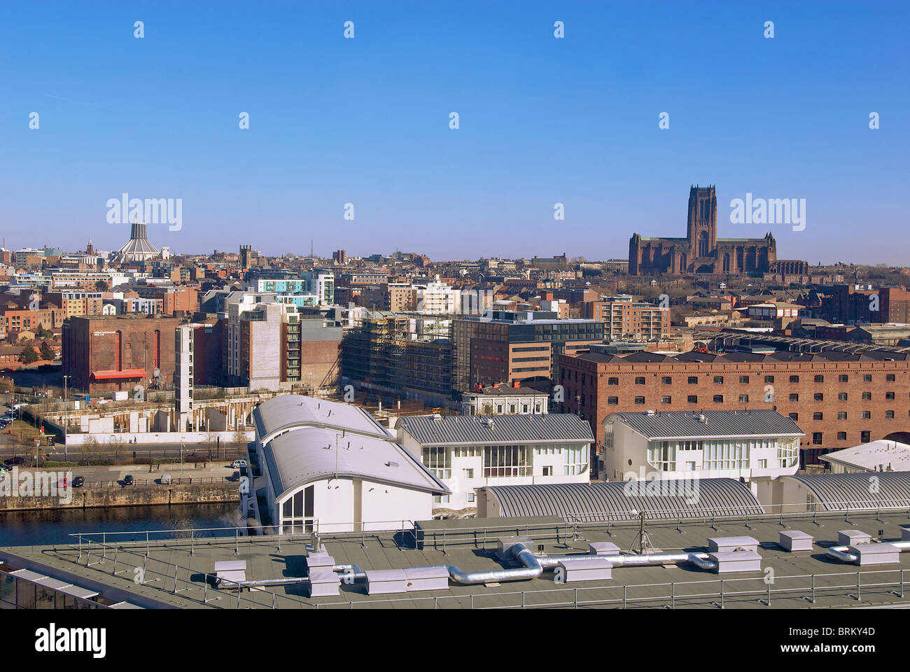 The two Liverpool cathedrals seen from the air. Metropolitan catholic on the left Anglican on the right. Stock Photo