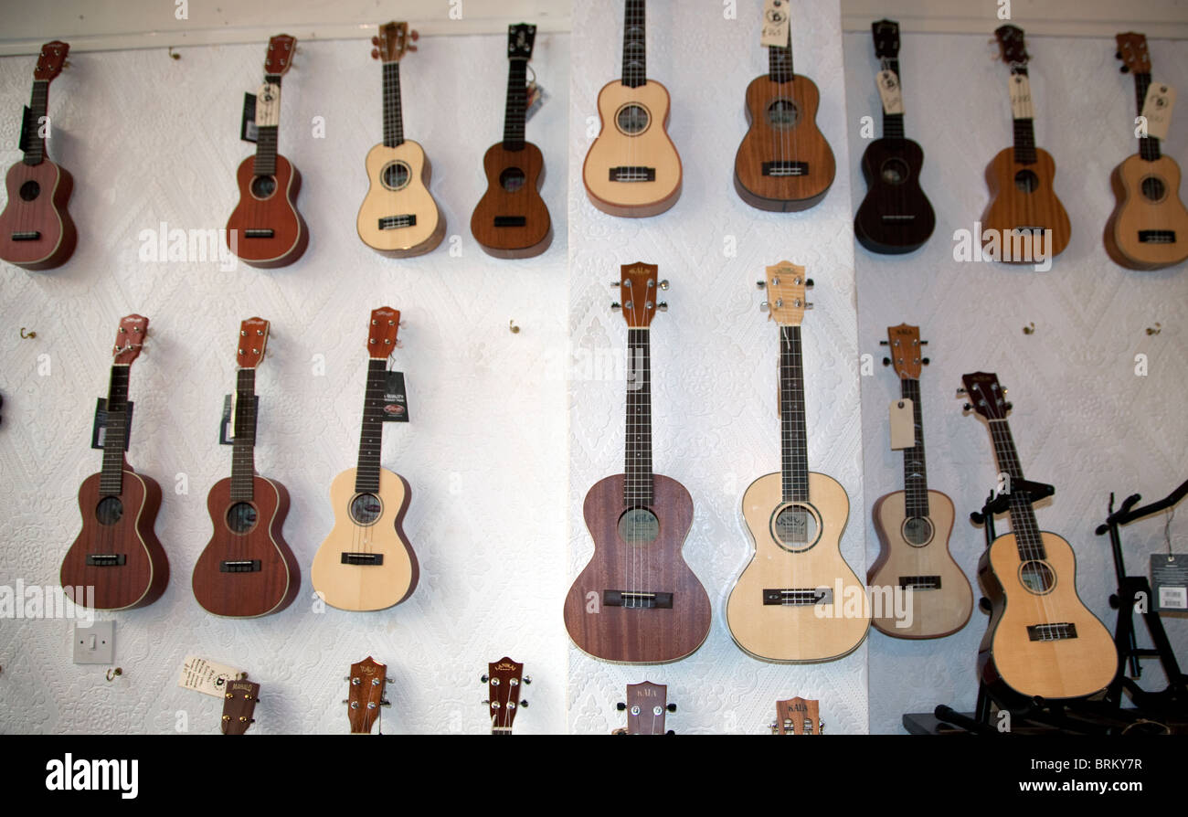 Ukuleles in the Duke of Uke ukulele shop in Hanbury Street, Brick Lane,  London Stock Photo - Alamy