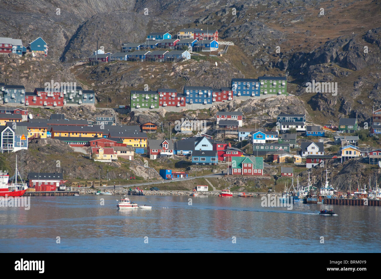 Greenland, Qaqortoq. South Greenland's largest town with almost 3,000 inhabitants. Coastal view of port area. Stock Photo